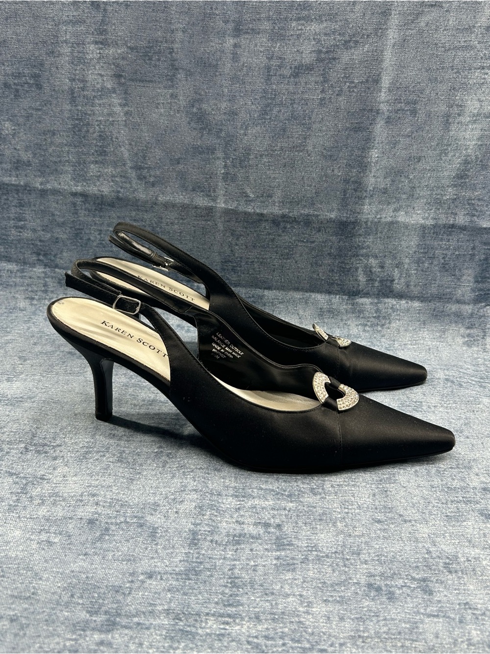 Karen Scott Whitney sling back heels satin rhinestone glam 9.5M black cocktail